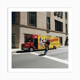 Man Riding A Bike Past A Delivery Truck Art Print