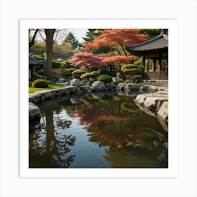 A Peaceful Japanese Garden With A Koi Pond, Stone Lanterns, And Blossoming Cherry Trees 2 Art Print