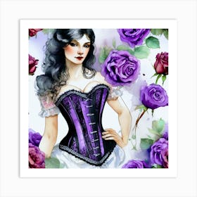 Corset Girl With Purple Roses Art Print