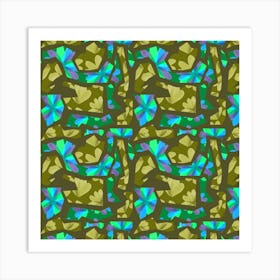 Floral Duo Cutouts Olive Blue On Green Art Print