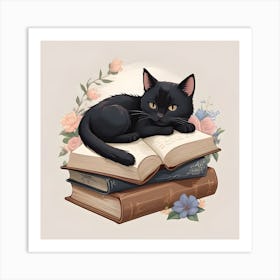 Black Cat On Books Art Print