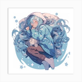 Anime Girl Sleeping With Teddy Bear Art Print