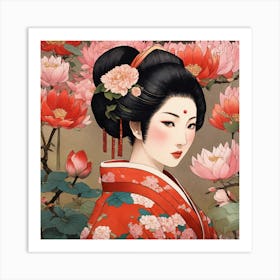 Japanese Botanical And Geisha Art Print Art Print