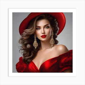 Beautiful Woman In Red Hat Art Print