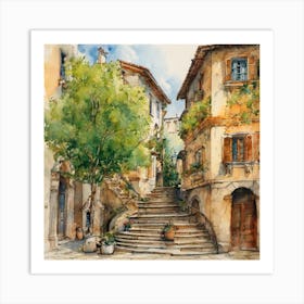 watercolor painting of an old street with a staircase in the middle and green trees Art Print