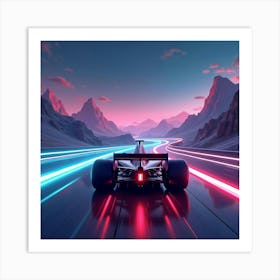 Formula Car Speeding Through A Futuristic Track Surrounded By Neon Lit Mountains 1 Art Print