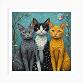 Cats in winter colors. Include a grey cat, a black and white cat, and a yellow cat. Standing next to each other Art Print