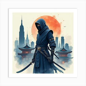 Ninja Fighter With A Watercolor Futuristic Skyline 1 Art Print