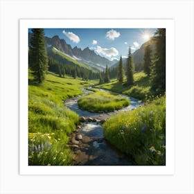 Wildflowers In The Mountains Valley With A Clear Meandering Stream Art Print