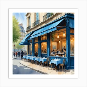 Paris France Cafe Scene Illustration Sage Blue Watercolor Art Print Art Print