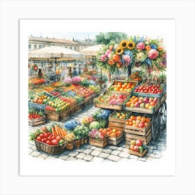 Details and Textures - Watercolor Painting of a Market with Produce and Vendors 1 Art Print