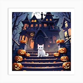 Halloween Cat In Front Of House 3 Art Print