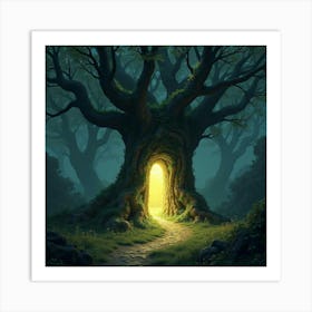 A Hidden Portal In An Ancient Tree, Glowing With Mystical Runes 1 Art Print