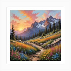 Sunset in the Mountains, Boho Landscape, Wildflowers Art Print Art Print