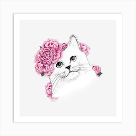 White Cat With Flowers Art Print