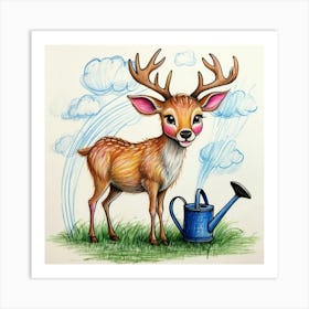 Deer Watering Can Art Print