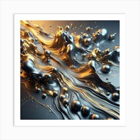Abstract Melting Liquid With A Metallic Sheen, Gold And Red Colors, Reflective Studio Light Art Print