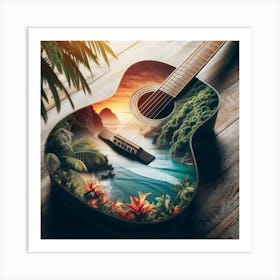 Acoustic Guitar, Tropical Vibes, Sunset, Beach 1 Art Print