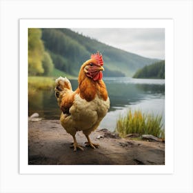 Rooster On The Bank Of The Lake Art Print