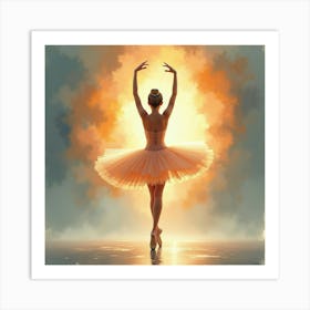 Graceful Ballerina With Watercolor Golden Aurora 1 Art Print