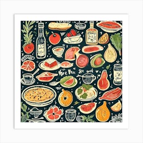 Seamless Pattern With Fruits And Vegetables, Foodie Traveler A Delicious Featuring Iconic Dishes From Different Countries Art Print