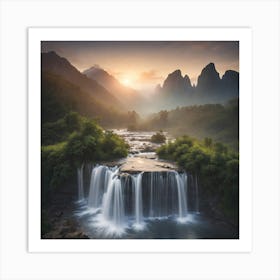 Sunrise Over A Waterfall Art Print
