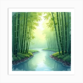 A Gentle River Flowing Through A Bamboo Forest, Captured In Soft Watercolor Hues 1 Art Print