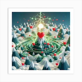 3 Dimensional Mountains With Multiple Green Lightning And White Swirls In A Vortex Of 3 Red Hearts 2 Art Print