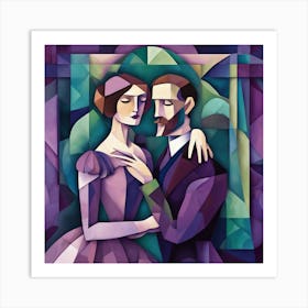 Victorian Couple Purple Cubism Style Art Print