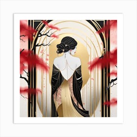 Chinese Lady Japanese Textured Monohromatic Art Print