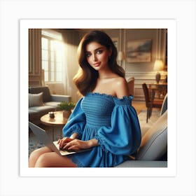 Beautiful Young Woman Working On Laptop Art Print