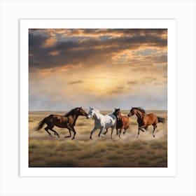 Horses Running At Sunset Art Print