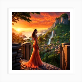 Sunset Girl In Red Dress Art Print