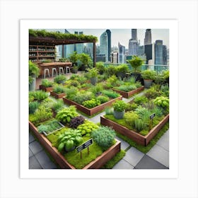 A Green Rooftop Garden With A Variety Of Herbs And Art Print