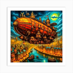 Steampunk airship over the river at night. Art Print