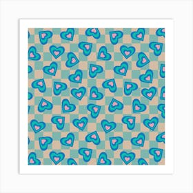 LOVE HEARTS CHECKERBOARD Tossed Retro Alt Valentines in Royal Blue Turquoise Pink on Beige Aqua Geometric Grid Art Print