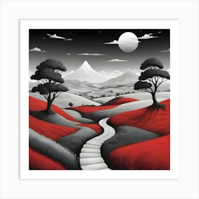 Dreamland Landscape With Small Heels Black White And Red Colour Art Print