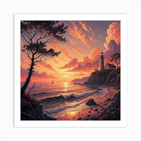 Sunset At The Lighthouse Art Print