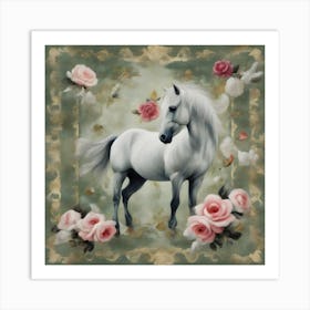 White Horse With Roses Art Print