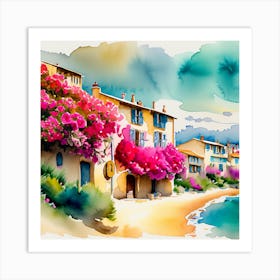 Watercolor Of A Seaside Village Art Print