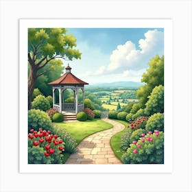 An English Garden With A Charming Gazebo And A View Of The Countryside, Watercolor 1 Art Print