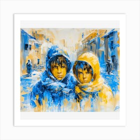 Two Children In Blue Coats Art Print