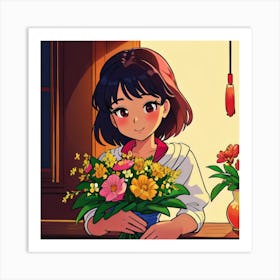 Anime Girl With Flowers 2 Art Print