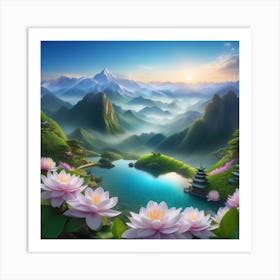 Asian Landscape With Lotus Flowers Art Print