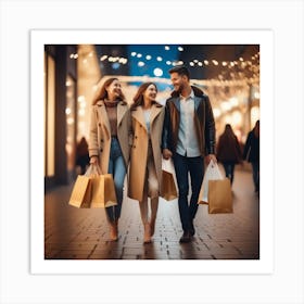 Photo Happy Couple With Shopping Bags Enjoying Night At City 3 Art Print