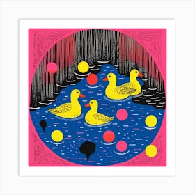 Duckling Colourful In The Pond Linocut Style 3 Art Print