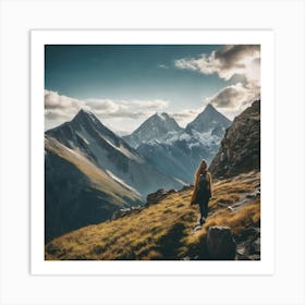 Woman Hiking In The Mountains Art Print