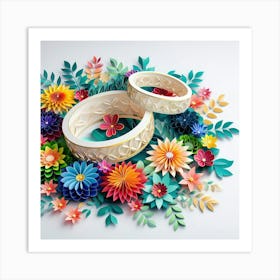 Papercut Weddding Rings With Flowers Art Print