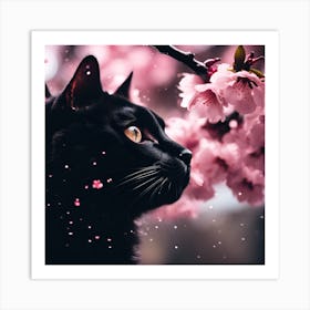 Black Cat amongst the Cherry Blossom Trees Art Print