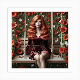 Red Haired Girl In A Swing Art Print